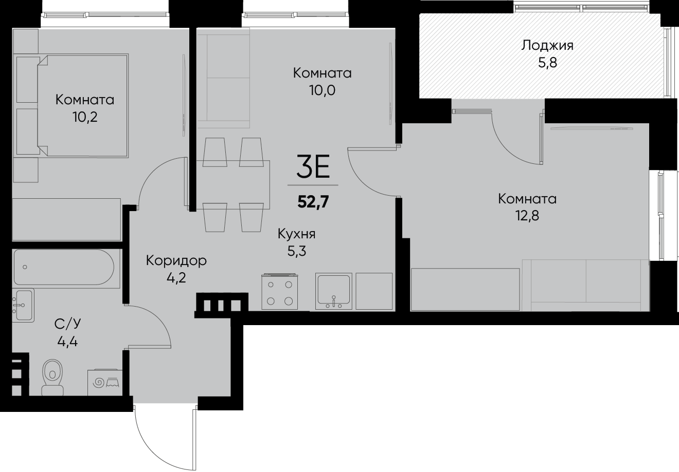 3-комнатная квартира №62 49,80 м2 от застройщика ГК ТОЧНО