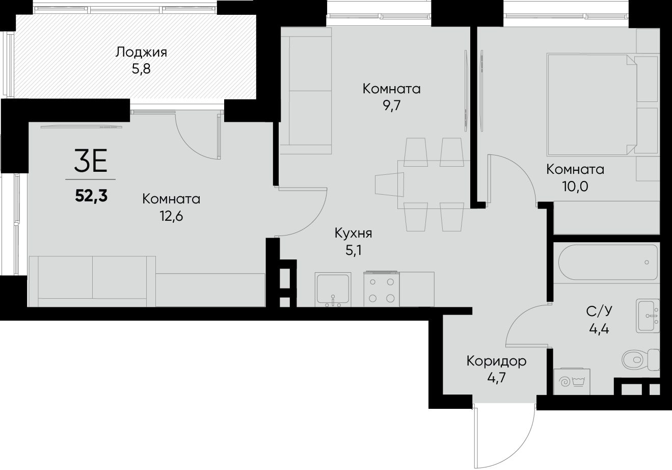 3-комнатная квартира №16 49,40 м2 от застройщика ГК ТОЧНО