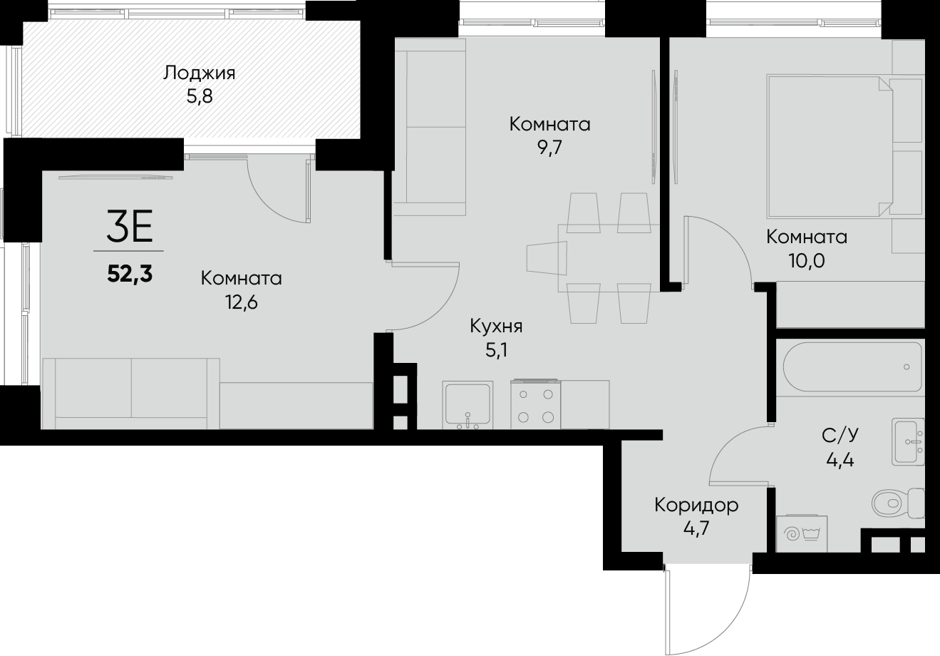 3-комнатная квартира №61 49,40 м2 от застройщика ГК ТОЧНО