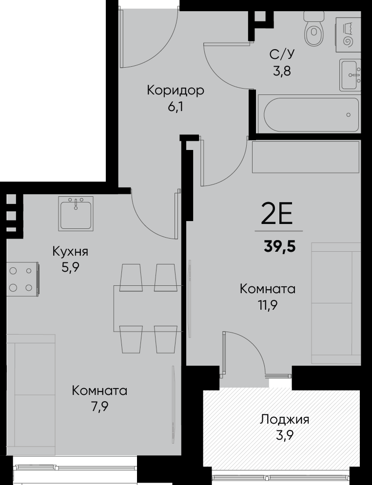 2-комнатная квартира №42 37,60 м2 от застройщика ГК ТОЧНО