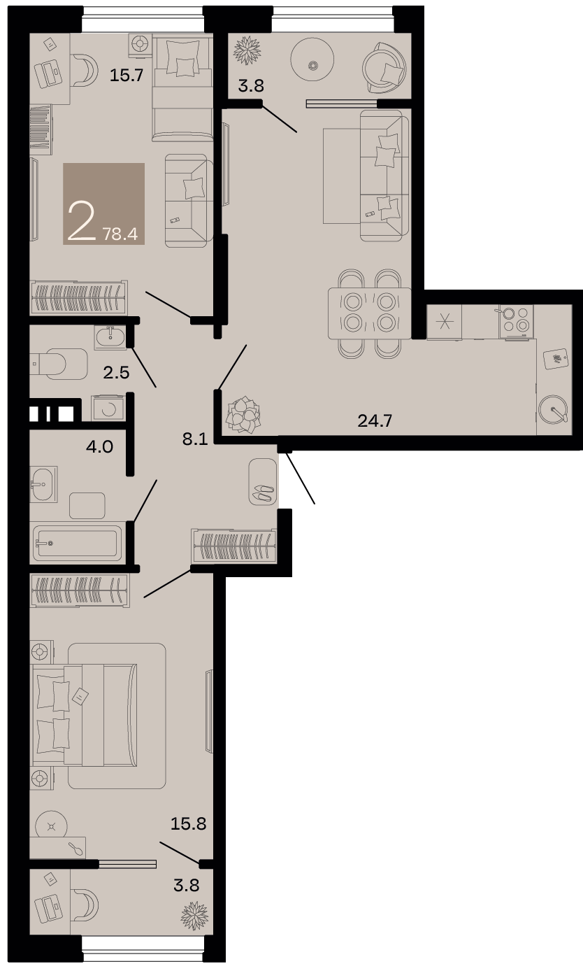 2-комнатная квартира №25 78,4 м2 от застройщика ГК ТОЧНО