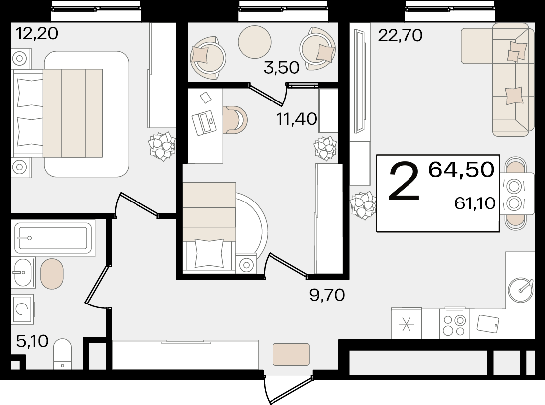 2-комнатная квартира №227 62,80 м2 от застройщика ГК ТОЧНО